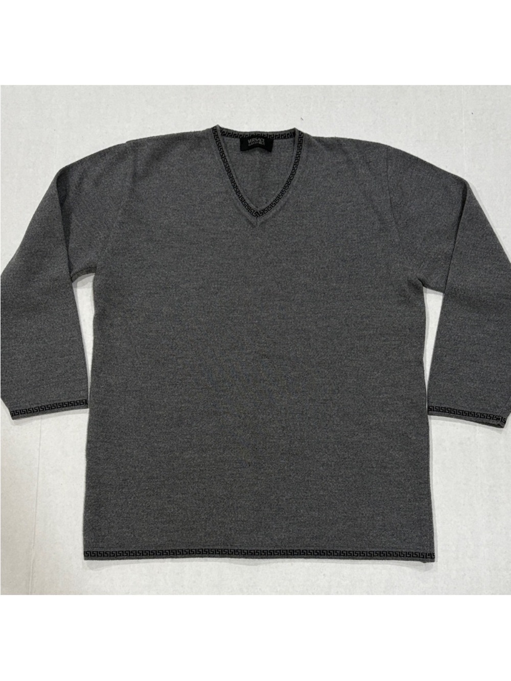 Versace Women's Gray V-Neck Sweater with Greek Key Trim